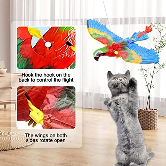 GARENT Flying Bird Cat Toy; Simulation Bird Interactive Cat Toy for Indoor Cats; Interactive Electric Hanging Flying Bird Toy for Cats Kitten Play Hunting Exercising Eliminating Boredom (Parrot) - Image 5