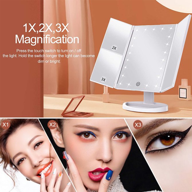 Rechargeable Foldable Makeup Mirror With LED Light 360° Adjust Wireless 1-3X Magnifying 3 Tone Light Desktop Vanity Table Mirror - Image 20