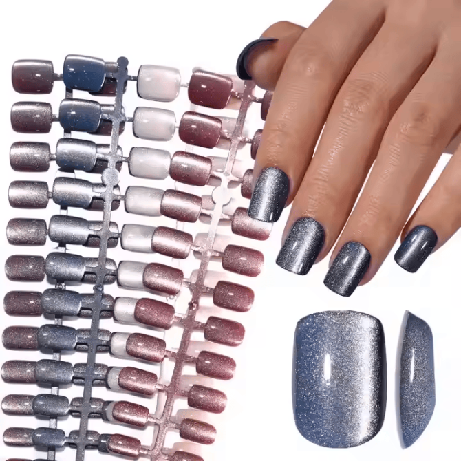 SheSlay Cat Eye Glitter Gel Press-On Nails | 120pcs Short Square | Glossy & Handmade - Image 3