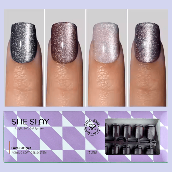 SheSlay Cat Eye Glitter Gel Press-On Nails | 120pcs Short Square | Glossy & Handmade