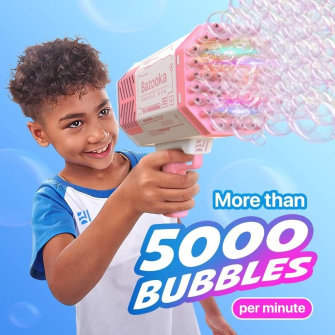 Bubble Machine Blaster Pink Bubble Gun for Kids Adults Automatic Bubble Machine Gun with 69 Holes LED Lights 5000 Bubbles per Minute Funny Toy Bubble Blaster Gun for Outdoor Activity - Image 4