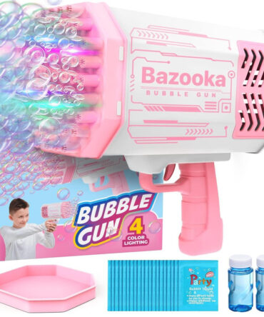 Bubble Machine Blaster Pink Bubble Gun for Kids Adults Automatic Bubble Machine Gun with 69 Holes LED Lights 5000 Bubbles per Minute Funny Toy Bubble Blaster Gun for Outdoor Activity