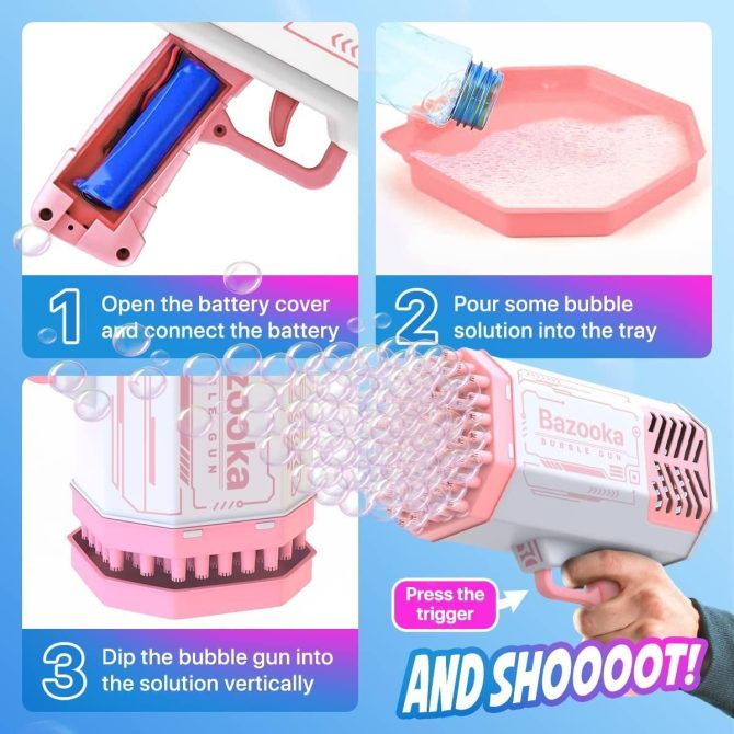 Bubble Machine Blaster Pink Bubble Gun for Kids Adults Automatic Bubble Machine Gun with 69 Holes LED Lights 5000 Bubbles per Minute Funny Toy Bubble Blaster Gun for Outdoor Activity - Image 5