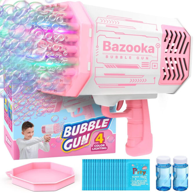Bubble Machine Blaster Pink Bubble Gun for Kids Adults Automatic Bubble Machine Gun with 69 Holes LED Lights 5000 Bubbles per Minute Funny Toy Bubble Blaster Gun for Outdoor Activity