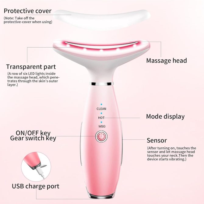 Neck Face Massager, Skin Care Face Massage Tool, 3-in-1 Facial Massager, Face Sculpting Tool with Thermals, Vibration (Pink) - Image 2