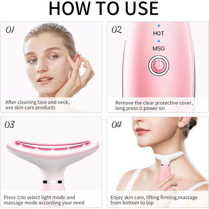 Neck Face Massager, Skin Care Face Massage Tool, 3-in-1 Facial Massager, Face Sculpting Tool with Thermals, Vibration (Pink) - Image 3
