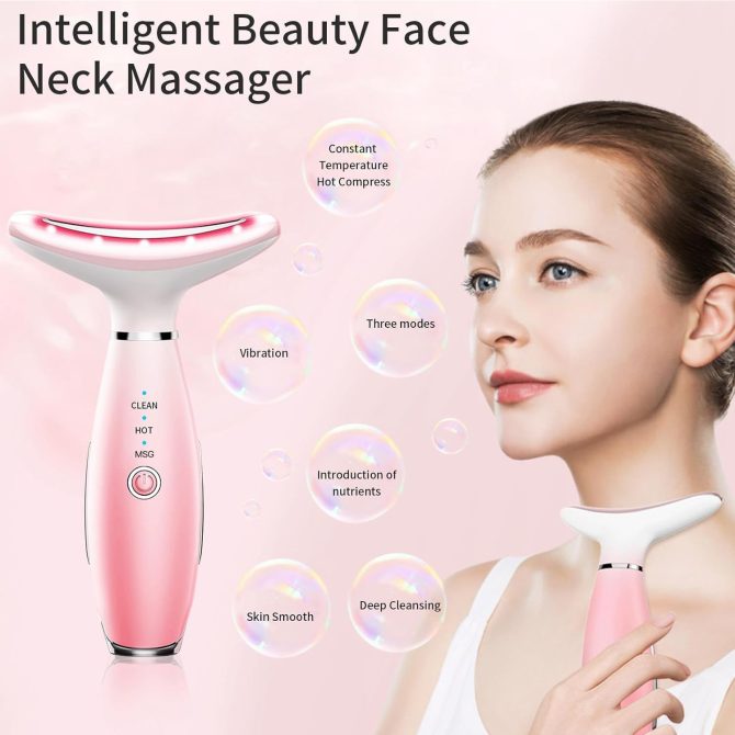 Neck Face Massager, Skin Care Face Massage Tool, 3-in-1 Facial Massager, Face Sculpting Tool with Thermals, Vibration (Pink) - Image 4