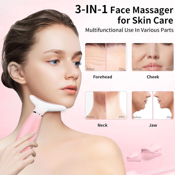 Neck Face Massager, Skin Care Face Massage Tool, 3-in-1 Facial Massager, Face Sculpting Tool with Thermals, Vibration (Pink) - Image 6