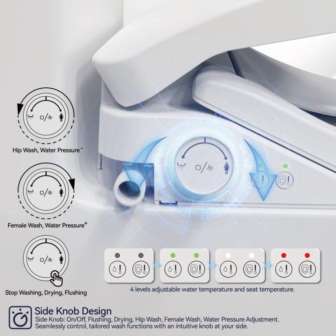 Smart Bidet Toilet Seat with Side Knob Adjustable Heated Seat with Water Temperature and Pressure Adjustment Portable Bidet with Automatic Nozzle Cleaning - Image 4