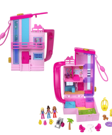 Polly Pocket Barbie Dreamhouse Compact, Dollhouse Playset with 3 Micro Dolls, 1 Pet & 11 Accessories