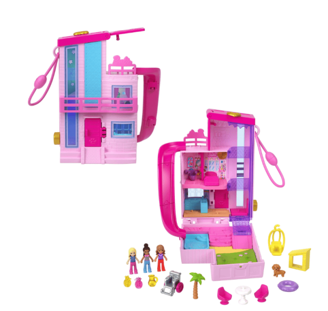 Polly Pocket Barbie Dreamhouse Compact, Dollhouse Playset with 3 Micro Dolls, 1 Pet & 11 Accessories