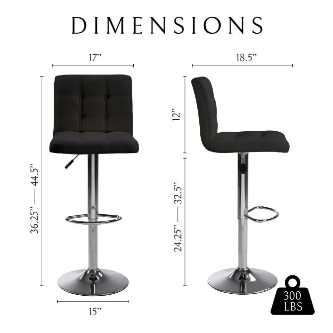 Bar Stools 1 Set of 2, Counter Height Bar Stools, Square Cushion Bar Stools with Back, Footstool, Cafe, Black, 2 pieces - Image 2