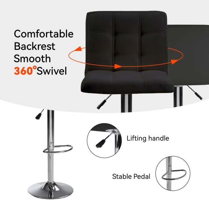 Bar Stools 1 Set of 2, Counter Height Bar Stools, Square Cushion Bar Stools with Back, Footstool, Cafe, Black, 2 pieces - Image 4