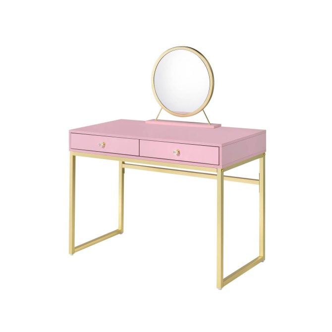 Coleen Pink & Gold Finish Vanity Desk W/Mirror & Jewelry Tray - Image 2