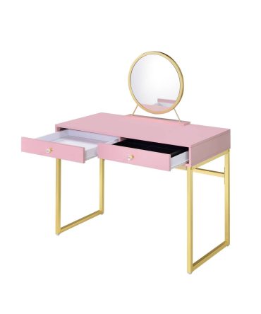 Coleen Pink & Gold Finish Vanity Desk W/Mirror & Jewelry Tray