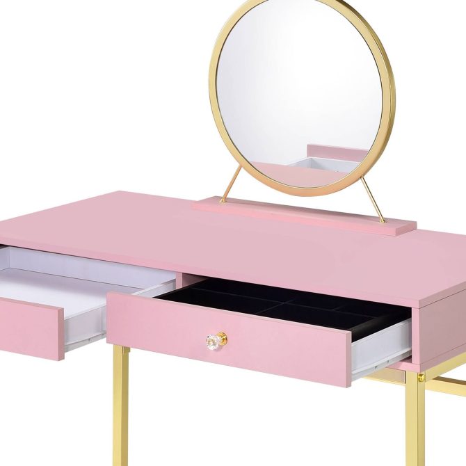 Coleen Pink & Gold Finish Vanity Desk W/Mirror & Jewelry Tray - Image 5