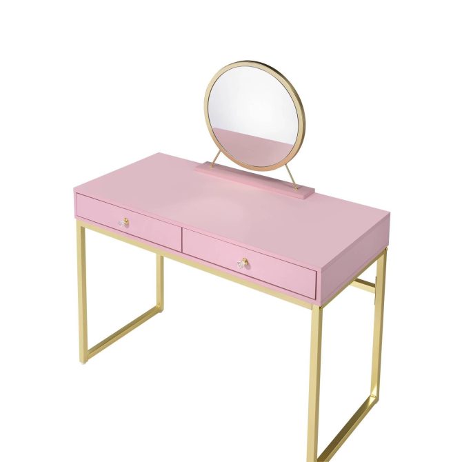 Coleen Pink & Gold Finish Vanity Desk W/Mirror & Jewelry Tray - Image 6