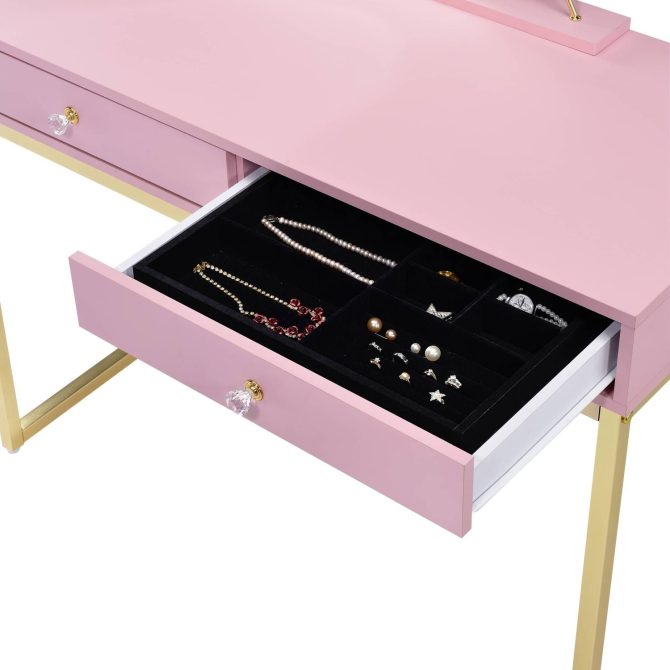 Coleen Pink & Gold Finish Vanity Desk W/Mirror & Jewelry Tray - Image 7