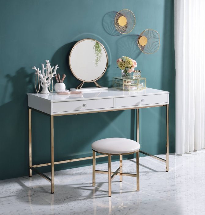Ottey White High Gloss & Gold Finish Vanity Desk - Image 2