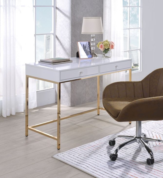 Ottey White High Gloss & Gold Finish Vanity Desk