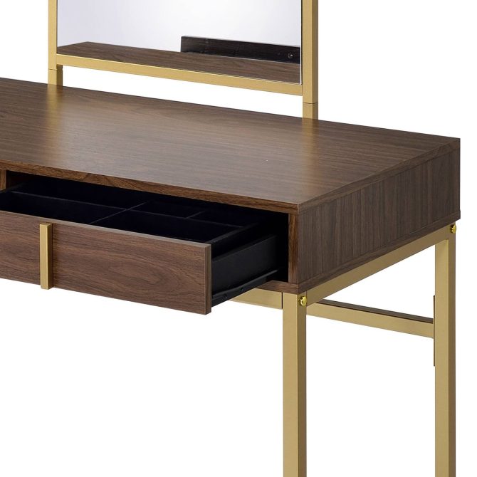 Coleen Walnut & Gold Finish Vanity Desk W/Mirror & Jewelry Tray - Image 3