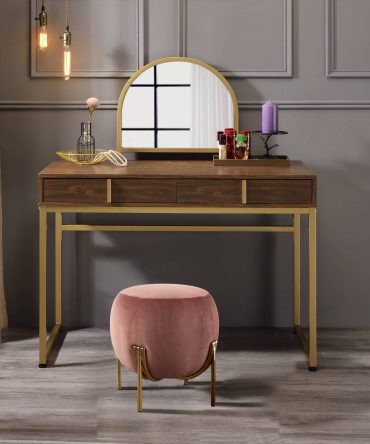 Coleen Walnut & Gold Finish Vanity Desk W/Mirror & Jewelry Tray