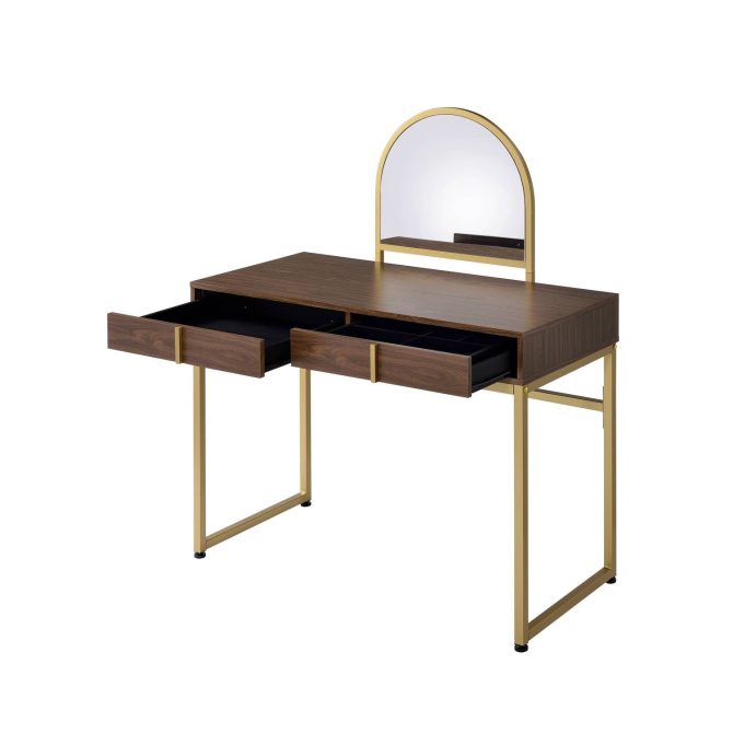 Coleen Walnut & Gold Finish Vanity Desk W/Mirror & Jewelry Tray - Image 6
