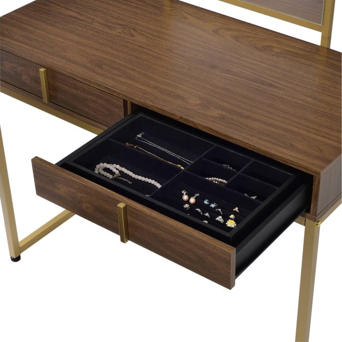 Coleen Walnut & Gold Finish Vanity Desk W/Mirror & Jewelry Tray - Image 7