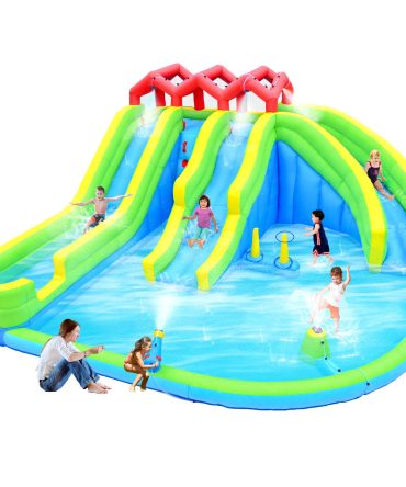 7 in1 Inflatable Water Park Three Slide with Blower Water Gun Sprinkler Fountain Climbing Wall for Children