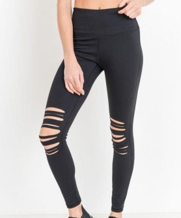 High Waist Laser Cut Ripped Knee Leggings