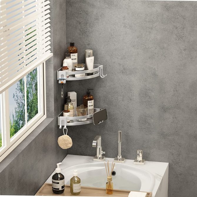 Shower Corner Shelf Caddy 2 Pack shower Organizer Corner No Drill Shower Storage Rust Proof Bathroom Corner Wall Shelf shampoo holder Silver - Image 4