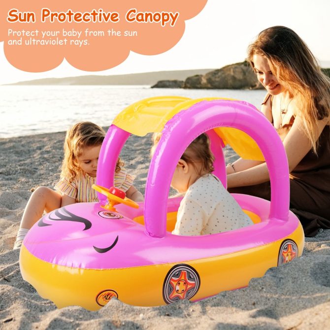 Baby Inflatable Pool Float Car Shaped Toddler Swimming Float Boat Pool Toy Infant Swim Ring Pool with Sun Protection Canopy for 1-3 Year-Old Kids Infant Toddlers - Image 12
