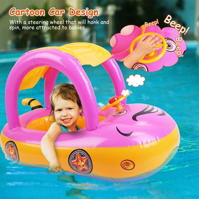 Baby Inflatable Pool Float Car Shaped Toddler Swimming Float Boat Pool Toy Infant Swim Ring Pool with Sun Protection Canopy for 1-3 Year-Old Kids Infant Toddlers - Image 13