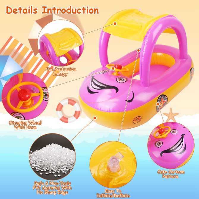 Baby Inflatable Pool Float Car Shaped Toddler Swimming Float Boat Pool Toy Infant Swim Ring Pool with Sun Protection Canopy for 1-3 Year-Old Kids Infant Toddlers - Image 14