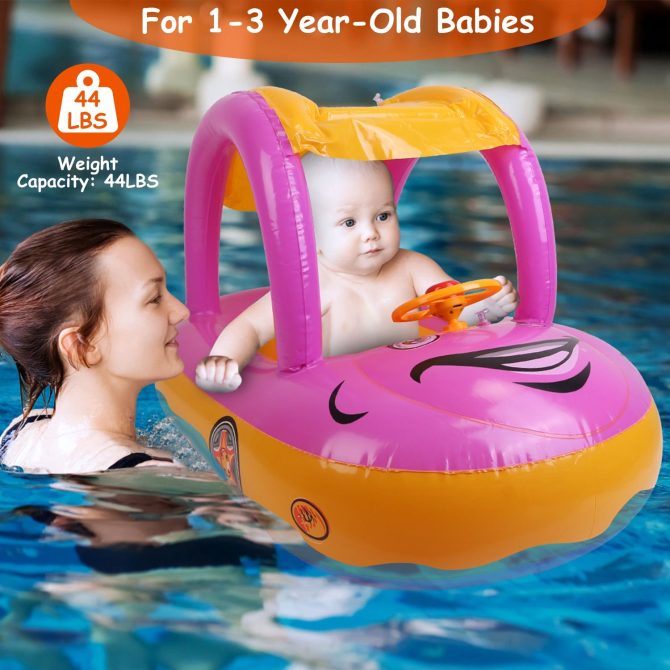 Baby Inflatable Pool Float Car Shaped Toddler Swimming Float Boat Pool Toy Infant Swim Ring Pool with Sun Protection Canopy for 1-3 Year-Old Kids Infant Toddlers - Image 15