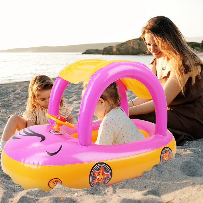 Baby Inflatable Pool Float Car Shaped Toddler Swimming Float Boat Pool Toy Infant Swim Ring Pool with Sun Protection Canopy for 1-3 Year-Old Kids Infant Toddlers - Image 17