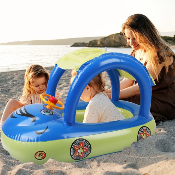 Baby Inflatable Pool Float Car Shaped Toddler Swimming Float Boat Pool Toy Infant Swim Ring Pool with Sun Protection Canopy for 1-3 Year-Old Kids Infant Toddlers - Image 2