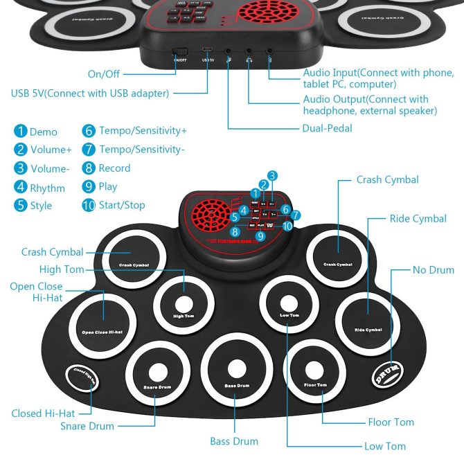 10 Pads Electric Drum Set Foldable 10-Drum Silicon Drum Kit Foldable Electronic Drum Pad Machine with Drum Sticks Headphone Jack Speaker Battery Dual-Pedal - Image 2