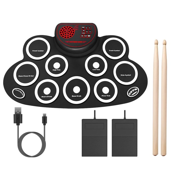 10 Pads Electric Drum Set Foldable 10-Drum Silicon Drum Kit Foldable Electronic Drum Pad Machine with Drum Sticks Headphone Jack Speaker Battery Dual-Pedal - Image 11
