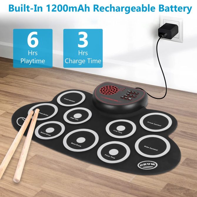 10 Pads Electric Drum Set Foldable 10-Drum Silicon Drum Kit Foldable Electronic Drum Pad Machine with Drum Sticks Headphone Jack Speaker Battery Dual-Pedal - Image 3