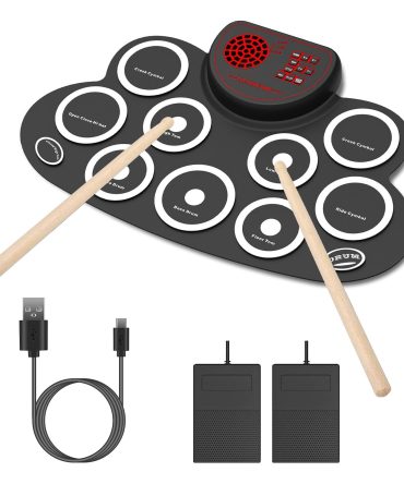 10 Pads Electric Drum Set Foldable 10-Drum Silicon Drum Kit Foldable Electronic Drum Pad Machine with Drum Sticks Headphone Jack Speaker Battery Dual-Pedal