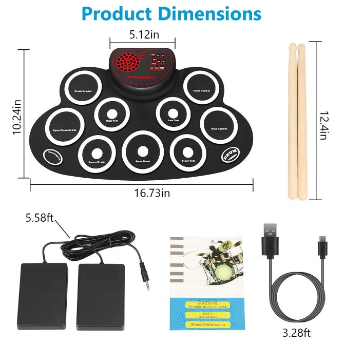 10 Pads Electric Drum Set Foldable 10-Drum Silicon Drum Kit Foldable Electronic Drum Pad Machine with Drum Sticks Headphone Jack Speaker Battery Dual-Pedal - Image 8