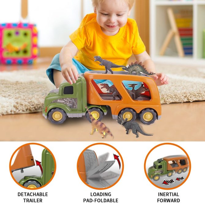 Toy Dinosaur for 2 3 4 Years Old Boys and Girls;  Car Transport Truck with Sound and Light;  6 Pack of 5'' Dinosaur Toys;  Educational Realistic Dinosaur Play Set - Image 2
