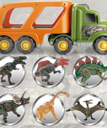Toy Dinosaur for 2 3 4 Years Old Boys and Girls;  Car Transport Truck with Sound and Light;  6 Pack of 5'' Dinosaur Toys;  Educational Realistic Dinosaur Play Set