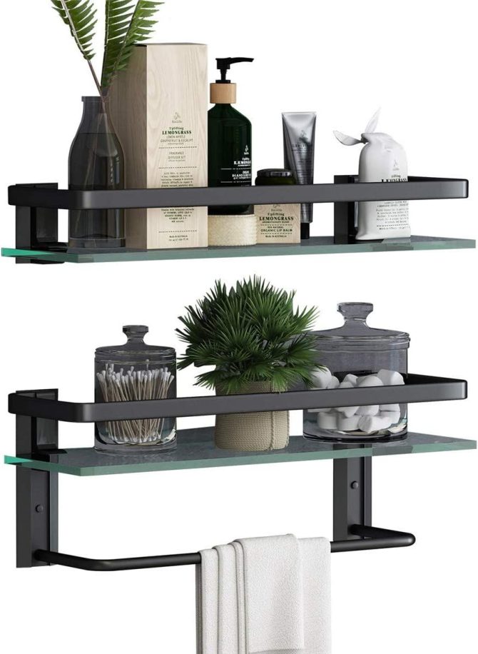 Glass Bathroom Shelf 15.7in Bathroom Shelf Wall Mounted Floating Glass Shelves with Towel Holder Glass Shower Shelf 2 Tier - Image 8