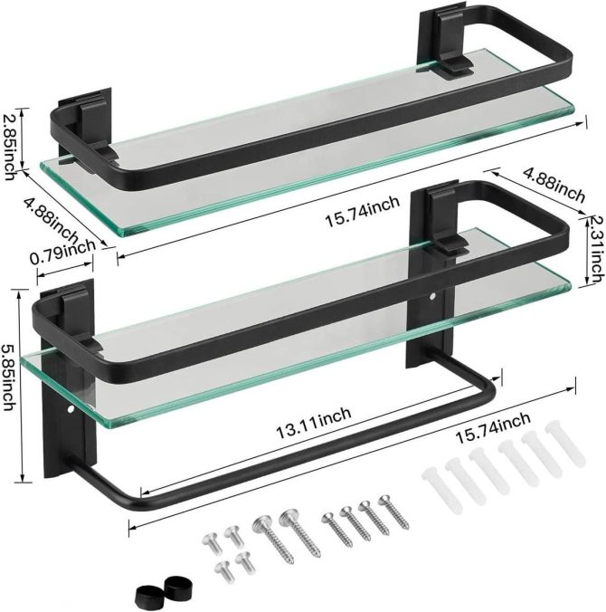 Glass Bathroom Shelf 15.7in Bathroom Shelf Wall Mounted Floating Glass Shelves with Towel Holder Glass Shower Shelf 2 Tier - Image 12