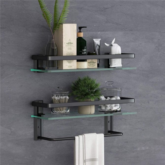 Glass Bathroom Shelf 15.7in Bathroom Shelf Wall Mounted Floating Glass Shelves with Towel Holder Glass Shower Shelf 2 Tier - Image 7