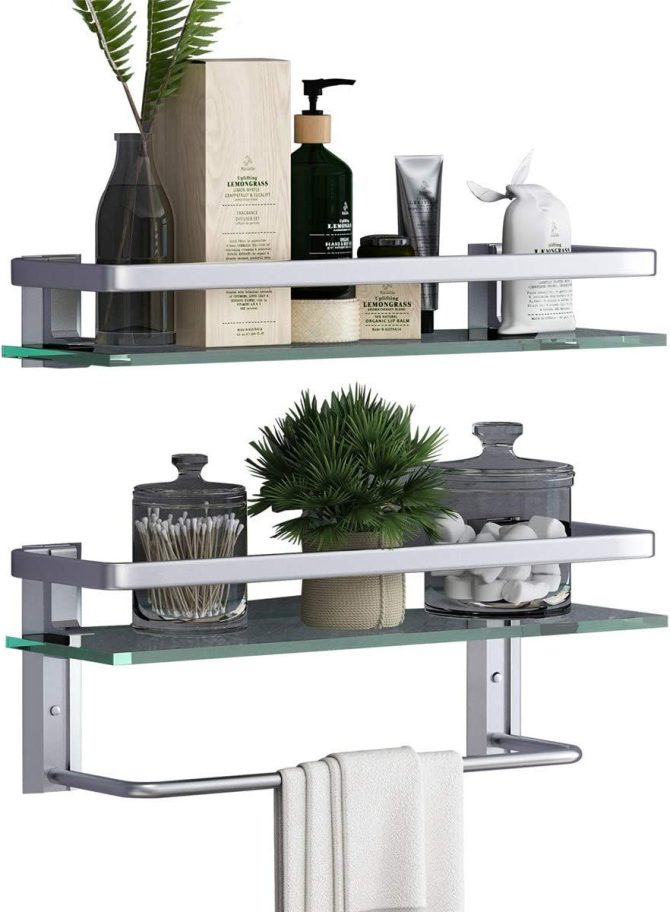 Glass Bathroom Shelf 15.7in Bathroom Shelf Wall Mounted Floating Glass Shelves with Towel Holder Glass Shower Shelf 2 Tier - Image 2