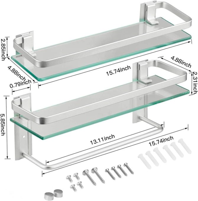 Glass Bathroom Shelf 15.7in Bathroom Shelf Wall Mounted Floating Glass Shelves with Towel Holder Glass Shower Shelf 2 Tier - Image 4