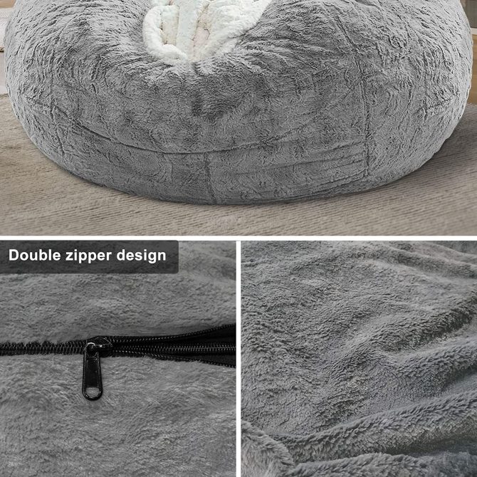Bag Chair Cover(it was only a Cover;  not a Full Bean Bag) Chair Cushion;  Big Round Soft Fluffy PV Velvet Sofa Bed Cover;  Living Room Furniture;  Lazy Sofa Bed Cover; 5ft Light Grey - Image 3